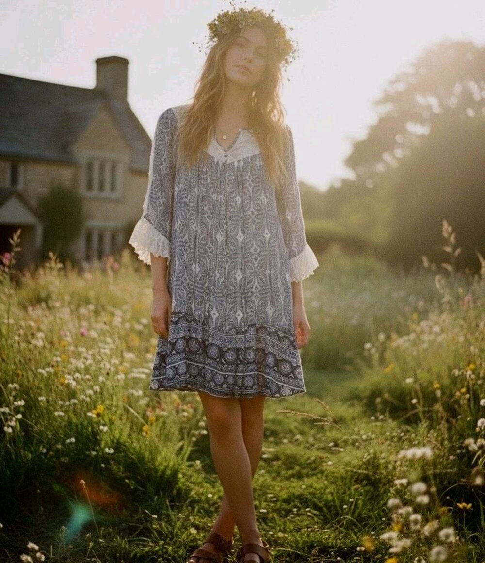 Umgee Navy And Ivory Paisley Dress Tunic With Ivory‎ Lace Accent Size S